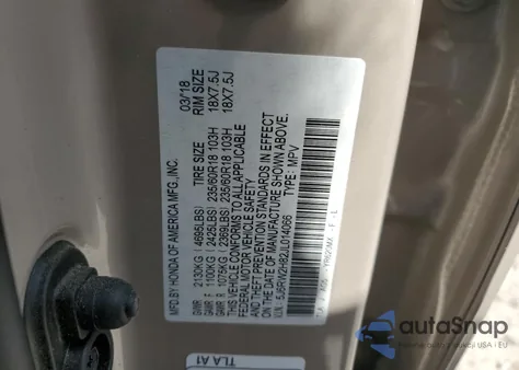 2018 Honda Cr-V Exl from USA, damaged, VIN 5J6RW2H82JL014066